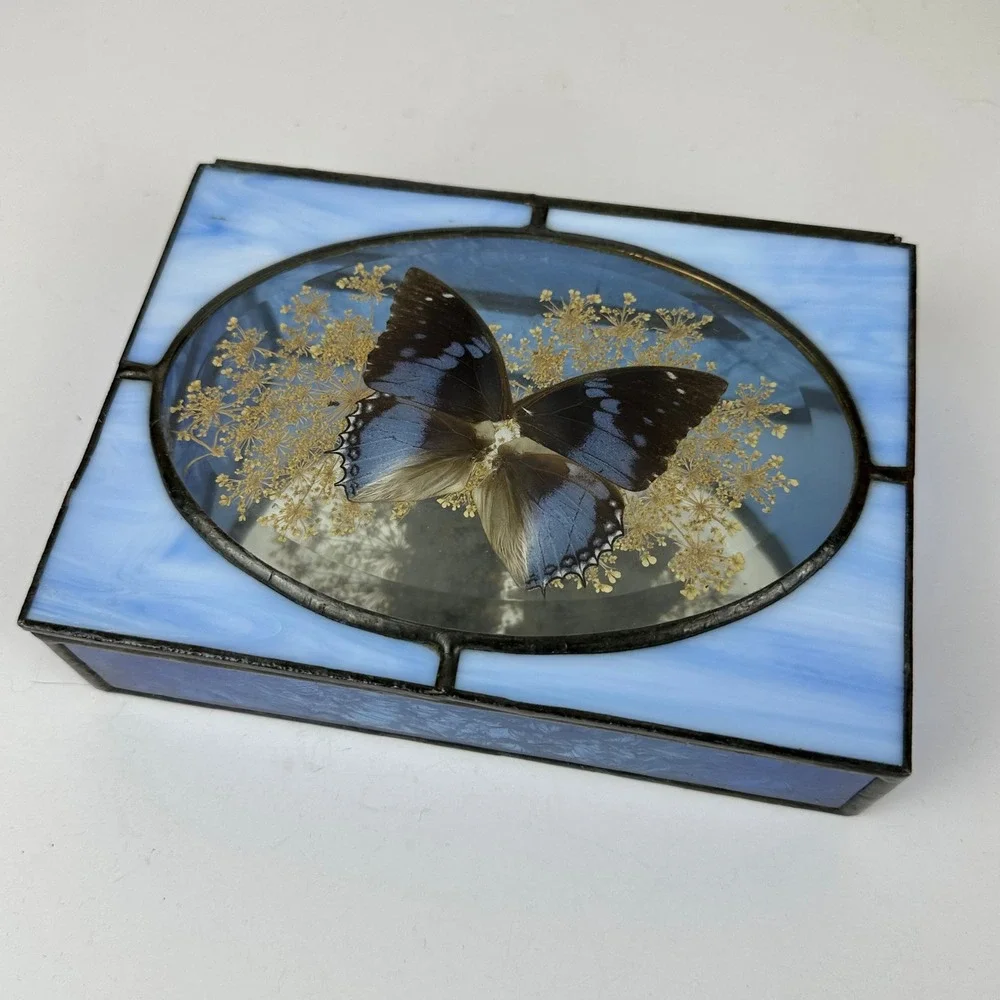 Vintage Stained Glass Hideaway Butterfly Trinket Box Blue Slag Glass Taxidermy